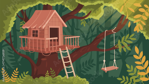 Enchanting Treehouse with Swing and Ladder in a Moody Forest Setting woods nature