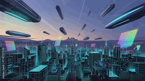 Futuristic cyberpunk cityscape at dusk with flying vehicles and holographic advertisements illuminating the neon-lit skyscrapers