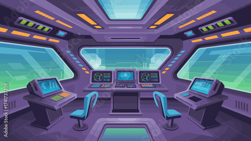 Futuristic Pixel Art Spaceship Bridge with Multiple Monitors and Control Consoles control room cockpit