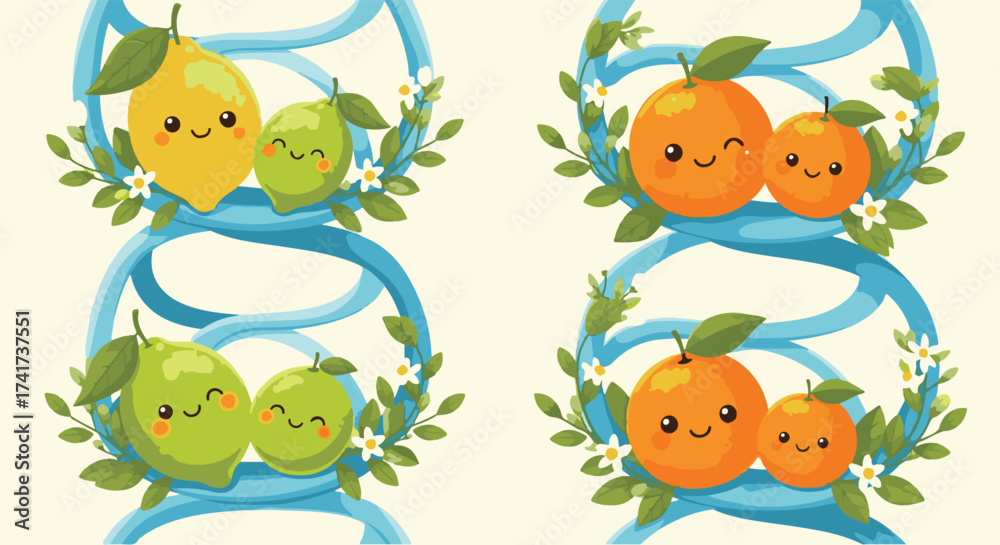 Naklejka premium Adorable Cartoon Citrus Fruits on a DNA Helix Illustrating Genetics