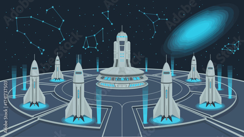 Galactic Command Center With Rockets And Constellations spaceship space