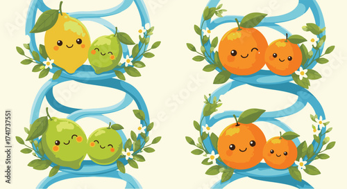 Adorable Cartoon Citrus Fruits on a DNA Helix Illustrating Genetics
