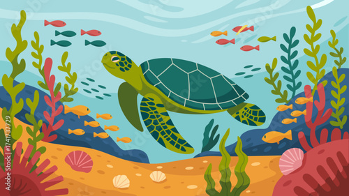 Green Sea Turtle Swimming Among Colorful Fish and Coral ocean underwater