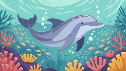Grey dolphin swims in a colorful underwater scene with coral and small fish Keywords: dolphin, ocean, sea, underwater, marine life, fish, coral, reef, seaweed, aquatic, nature, animal, creature
