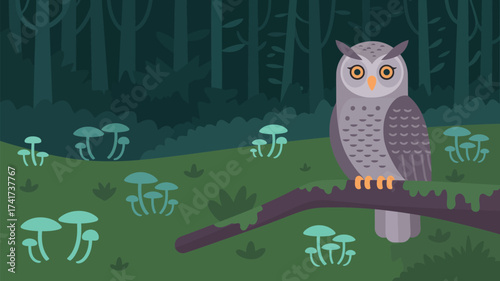 Grey owl perched on a branch in a dark, misty forest with glowing mushrooms bird wildlife