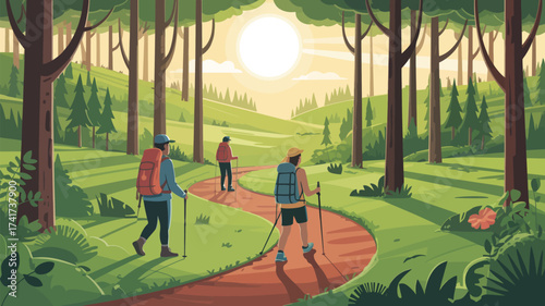 Hikers with backpacks walking on a winding path through a sun-dappled forest hiking trekking