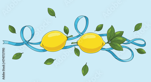 Bright Yellow Lemons with Swirling Blue Ribbon and Green Leaves on a Light Blue Background