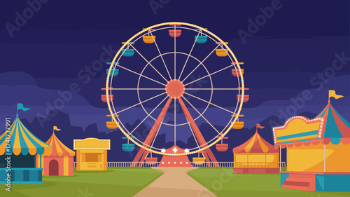 Illuminated amusement park at night with Ferris wheel and game booths carnival fair