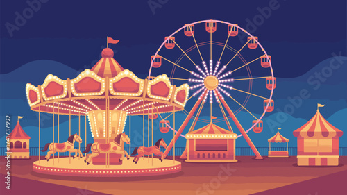 Illuminated Amusement Park at Night with Carousel and Ferris Wheel and Booths carnival fair