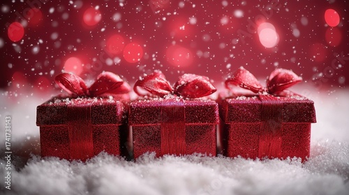 Three beautifully wrapped red gift boxes with elegant bows creating a festive and cheerful holiday atmosphere