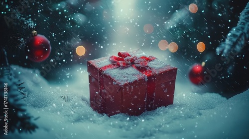 Single red gift box nestled in soft snow creating a beautiful winter scene evoking feelings of holiday cheer