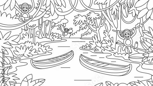 Jungle river scene with monkeys and canoes for coloring trees