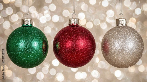 Three colorful christmas ornaments hanging elegantly from a string against a soft and festive holiday background