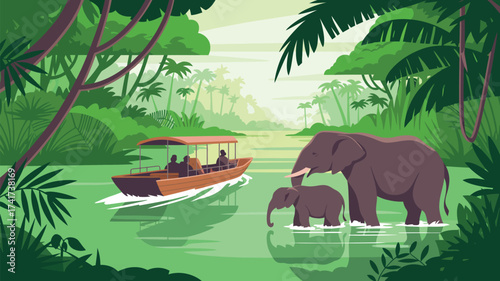 Jungle River Safari with Elephants and Tourists in a Boat vector illustration