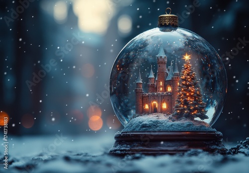Stunning snow globe with a majestic castle inside surrounded by shimmering snowflakes and a dreamlike winter landscape