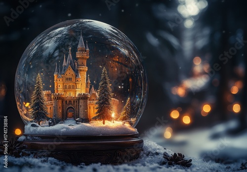 Magical snow globe featuring a beautiful castle surrounded by sparkling snowflakes capturing a winter wonderland scene