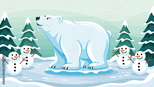 Large Polar Bear Standing with Snowmen in a Winter Landscape vector illustration