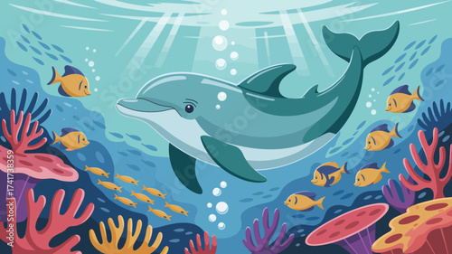 Light blue dolphin swims in a sunlit underwater scene with coral and fish Keywords: dolphin, ocean, sea, underwater, marine life, fish, coral, reef, seaweed, aquatic, nature, animal, creature