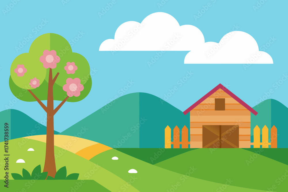 Fototapeta premium Charming cartoon farm scene with a wooden barn and blooming tree