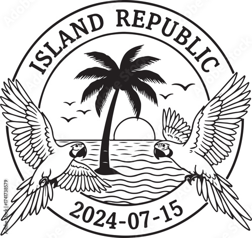 Illustrated Tropical Island Seal with Palm Tree, Sunset, Flying Macaws and Date