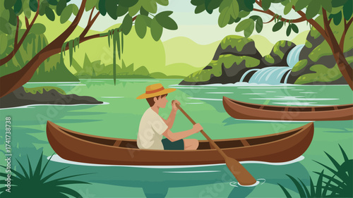 Man paddling a canoe on a calm river with waterfalls in the background rowing boat