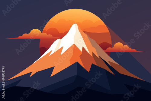 Stylized mountain peak at sunset with orange sun and clouds