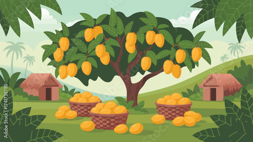 Mango Tree Laden With Fruits Surrounded By Baskets And Huts orchard harvest