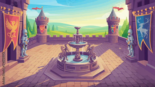 Medieval castle courtyard with fountain and guards under a sunny sky water