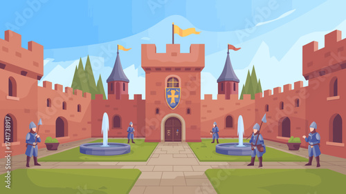 Medieval Castle Courtyard with Guards and Fountains soldiers