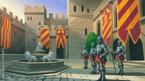 Medieval castle courtyard with lion fountain and armored guards lions