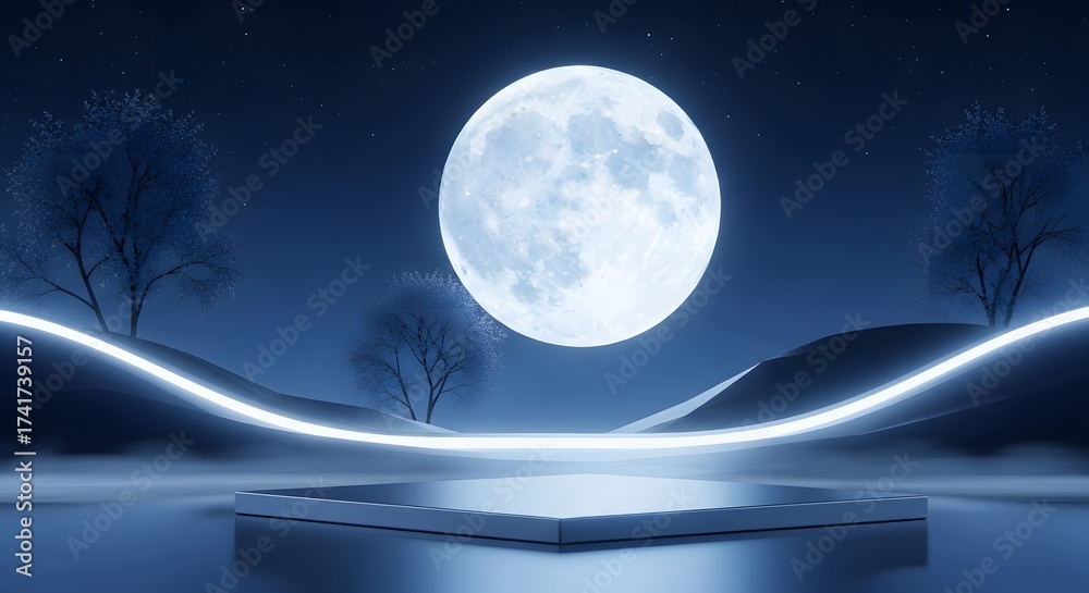 Naklejka premium Mystical night scene with a full moon and a glowing podium for product display set against a serene, futuristic landscape with neon light trails