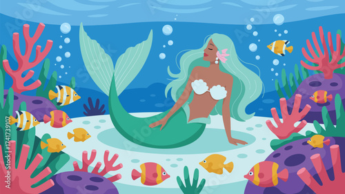 Mermaid with teal hair and tail resting on a light sandy seabed with colorful coral and fish illustration