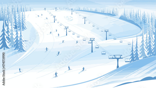 Minimalist ski slope with skiers and chairlifts in a monochromatic blue and white palette ski resort