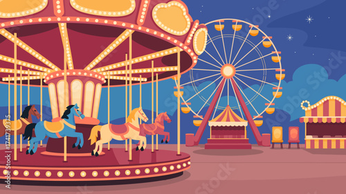 Nighttime Amusement Park with Carousel and Ferris Wheel carnival fairground