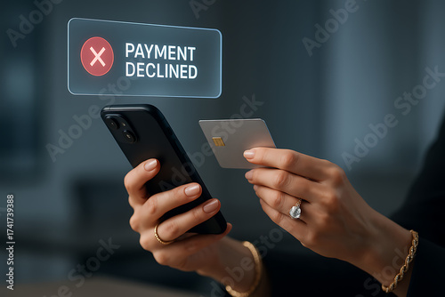 Payment Declined: A close-up view of a person's hands, holding a smartphone and a credit card. A pop-up message indicates payment declined, highlighting the challenges of online transactions
