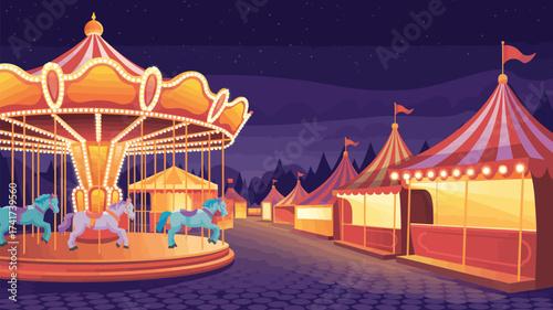 Nighttime Carnival Scene with Illuminated Carousel and Tents fair amusement park