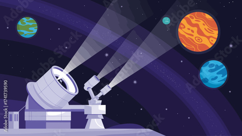 Observatory telescope emitting light beams towards planets in a starry purple galaxy astronomy space