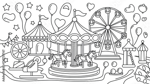 Outline illustration of a lively amusement park with carousel, Ferris wheel, and rides for coloring carnival