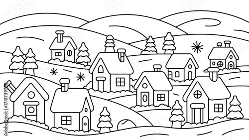 Outline of a charming winter village with snow-covered houses and evergreen trees homes cottages