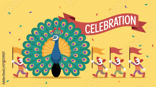 Peacock leading a parade of clowns with flags and a celebration banner Keywords: peacock, parade, clowns, celebration, banner, flags, festive, carnival, circus, party, event, fun, joy, happy