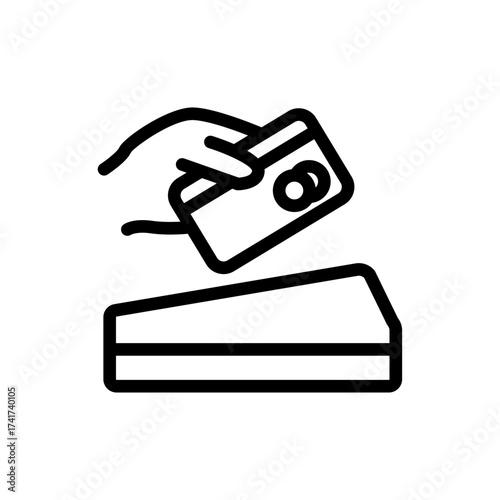 Hand inserting credit card into card reader machine outline icon for online shopping payments
