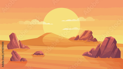 Pixel Art Desert Landscape with Large Sun and Rocky Formations at Sunset vector illustration