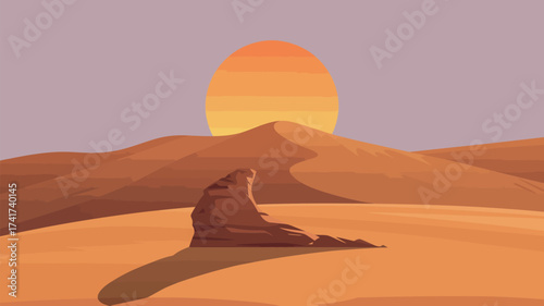 Pixel Art Desert Scene with Sun Setting Behind Sand Dunes and a Single Rock landscape sunset