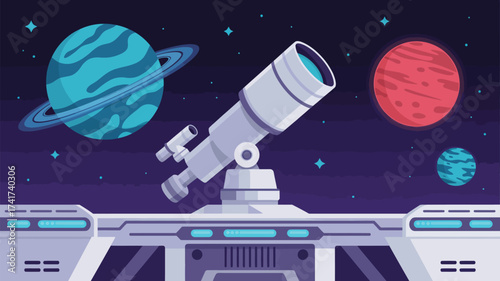 Pixelated observatory with a telescope viewing planets and a ringed celestial body space stars