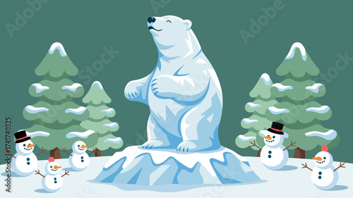 Polar Bear Ice Sculpture Surrounded by Snowmen in a Snowy Forest snowman winter