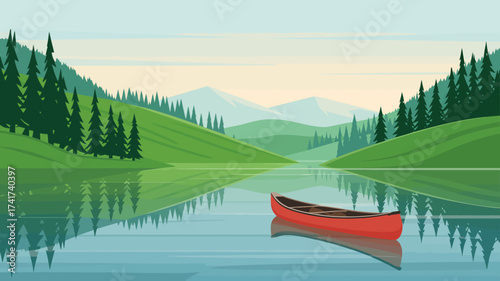 Red Canoe on a Lake with Green Rolling Hills and Distant Mountains Keywords: canoe, lake, water, reflection, hills, mountains, forest, trees, pine trees, evergreen, landscape, nature, outdoors