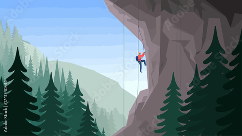 Rock climber ascending a steep cliff face surrounded by pine trees and mountains Keywords: rock climbing, climber, mountain, cliff, ascent, adventure, sport, recreation, outdoor, nature, extreme