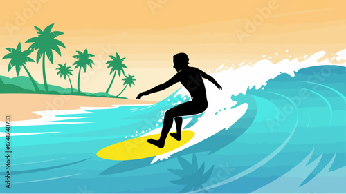 Silhouette of a Surfer on a Yellow Board Riding a Wave with Palm Trees and Orange Sky surfing ocean
