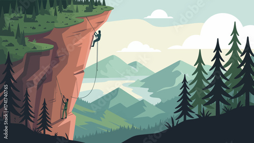 Silhouette of Rock Climbers on a Steep Cliff Face with Mountainous Landscape rock climbing