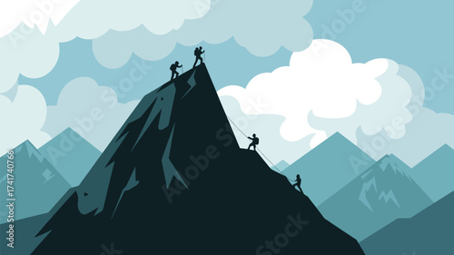 Silhouette of Climbers Ascending a Jagged Mountain Peak at Sunset climbing mountaineering